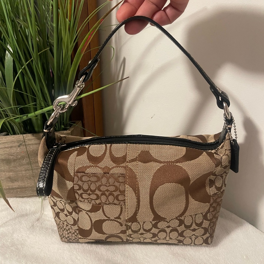 Coach Brown Signature Jacquard Shoulder Bag with Black Trim